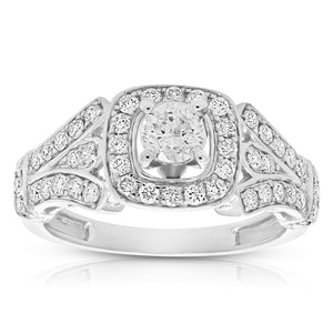 1 cttw Diamond Halo Wedding Engagement Ring 14K White Gold Cushion Shape Bridal