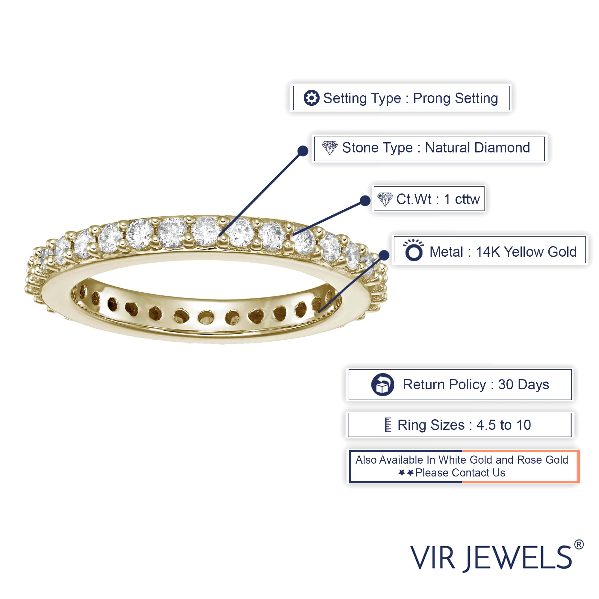 1 cttw Diamond Eternity Ring for Women, Wedding Band in 14K Yellow Gold Prong Set, Size 4.5-9