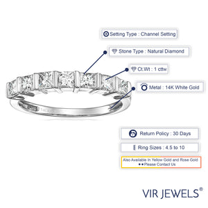 1 cttw Princess Cut Diamond Wedding Band for Women in 14K White Gold Channel Set Ring, Size 5-9