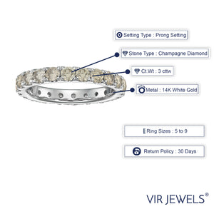 3 cttw Champagne Diamond Eternity Ring for Women, Wedding Band in 14K White Gold, Size 6-9