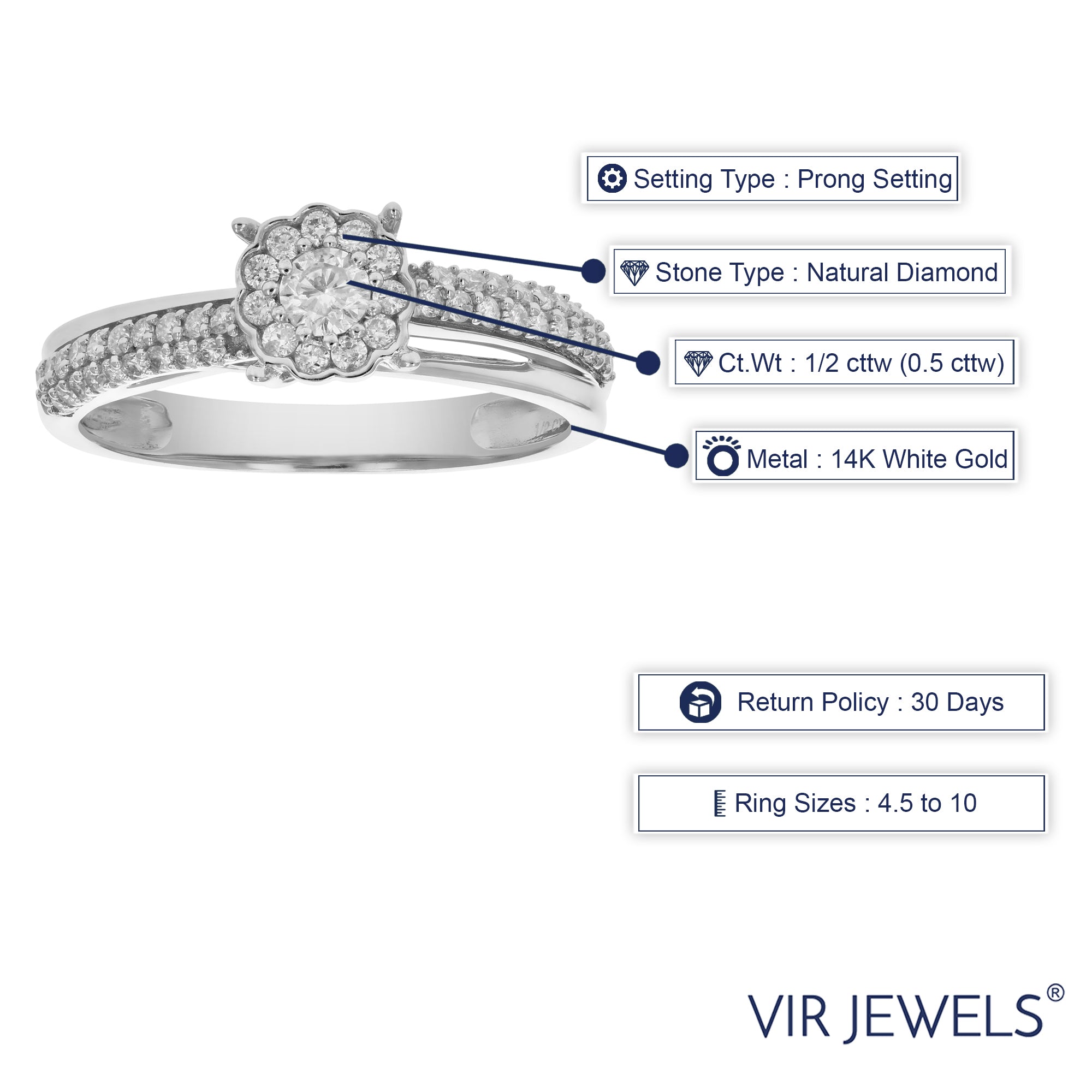 1/2 cttw Diamond Engagement Ring 14K White Gold Cluster Composite Bridal Wedding