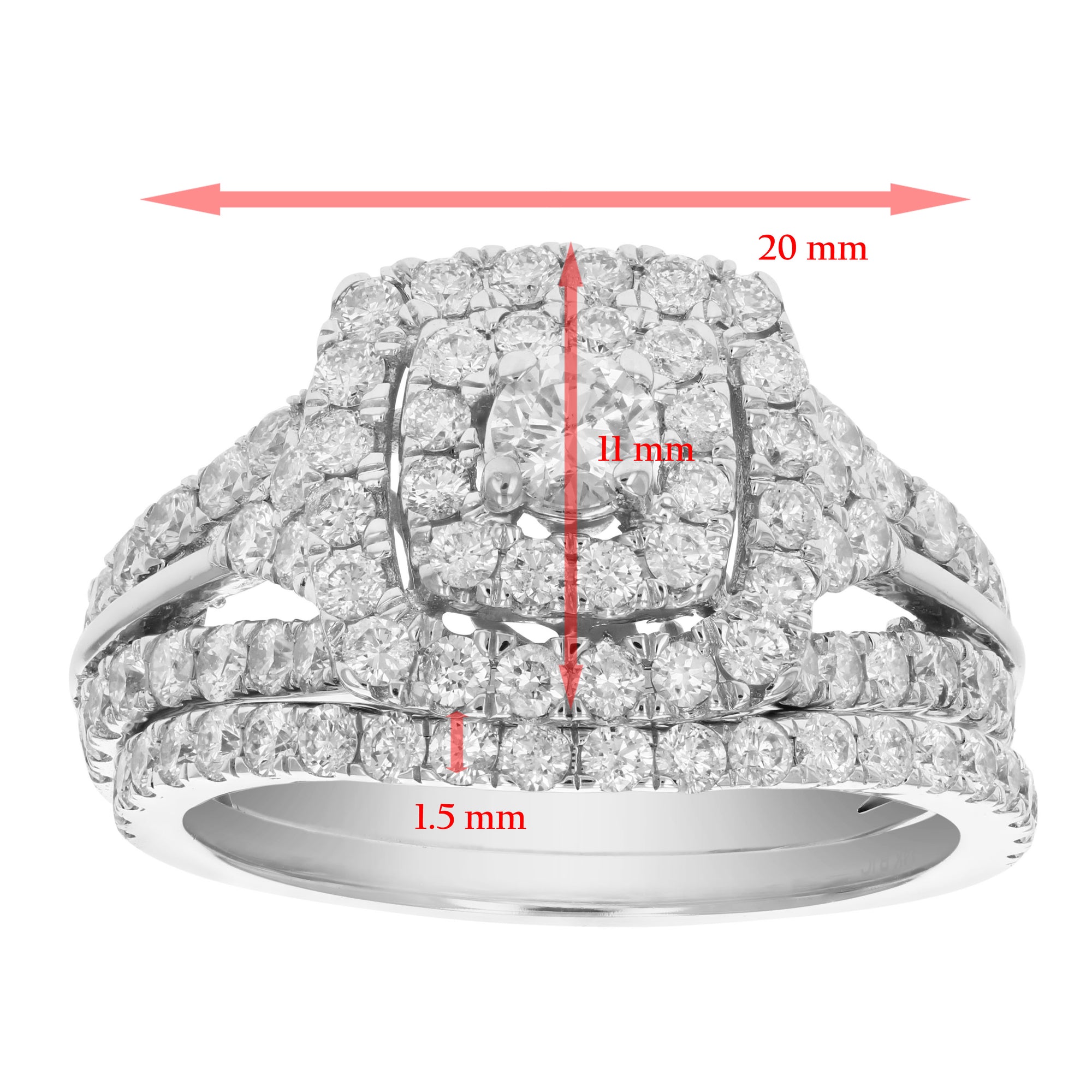 2 cttw Diamond Wedding Engagement Ring Set 14K White Gold Bridal Ring Cushion
