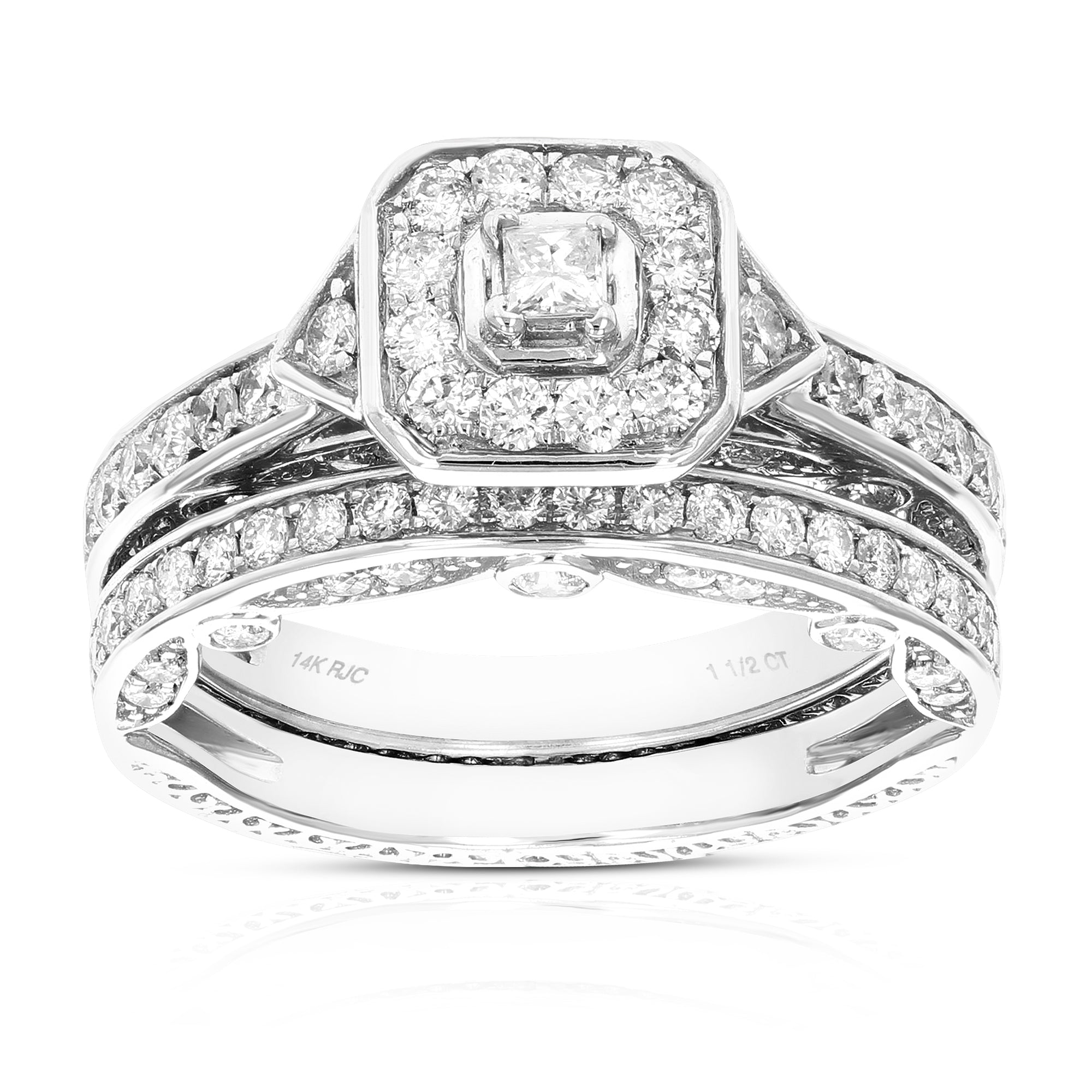 1 1/4 cttw Diamond Wedding Engagement Ring Bridal Set 14K White Gold Halo