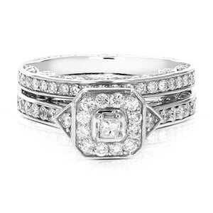 1.25 cttw Diamond Wedding Engagement Ring Bridal Set 14K White Gold Halo