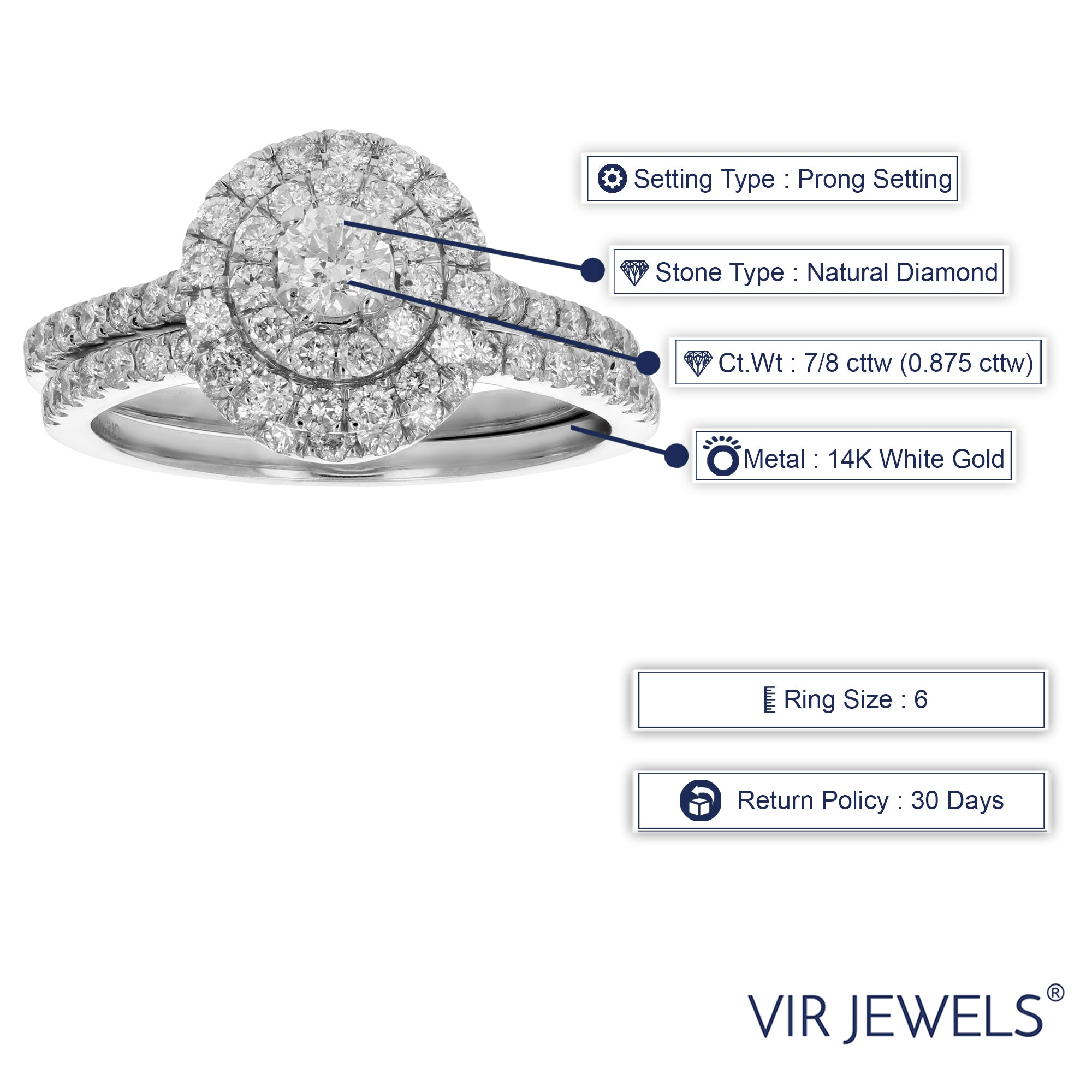 7/8 cttw Diamond Wedding Engagement Ring Set 14K White Gold Round Bridal Style