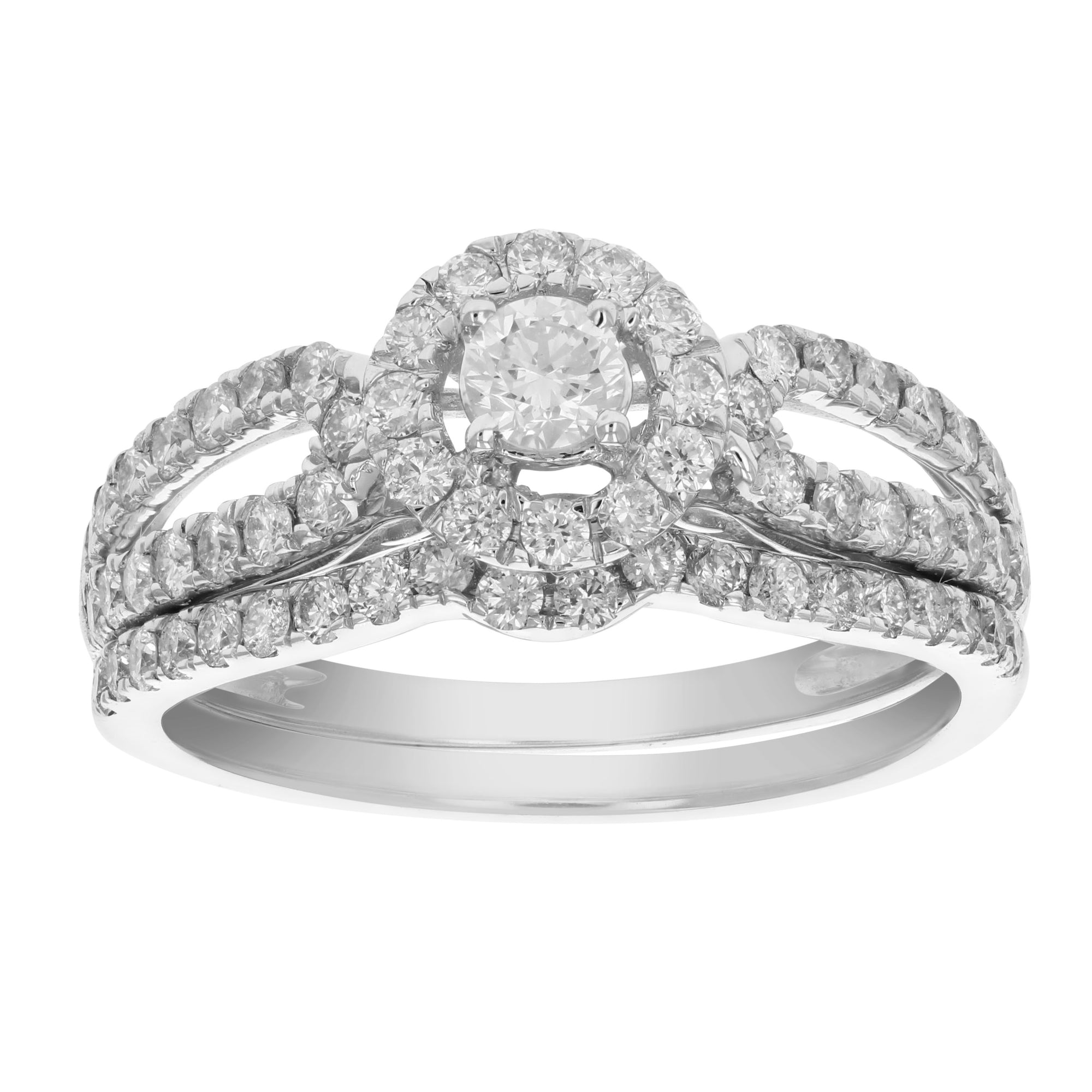 7/8 cttw Diamond Wedding Engagement Ring Bridal Set 14K White Gold Halo