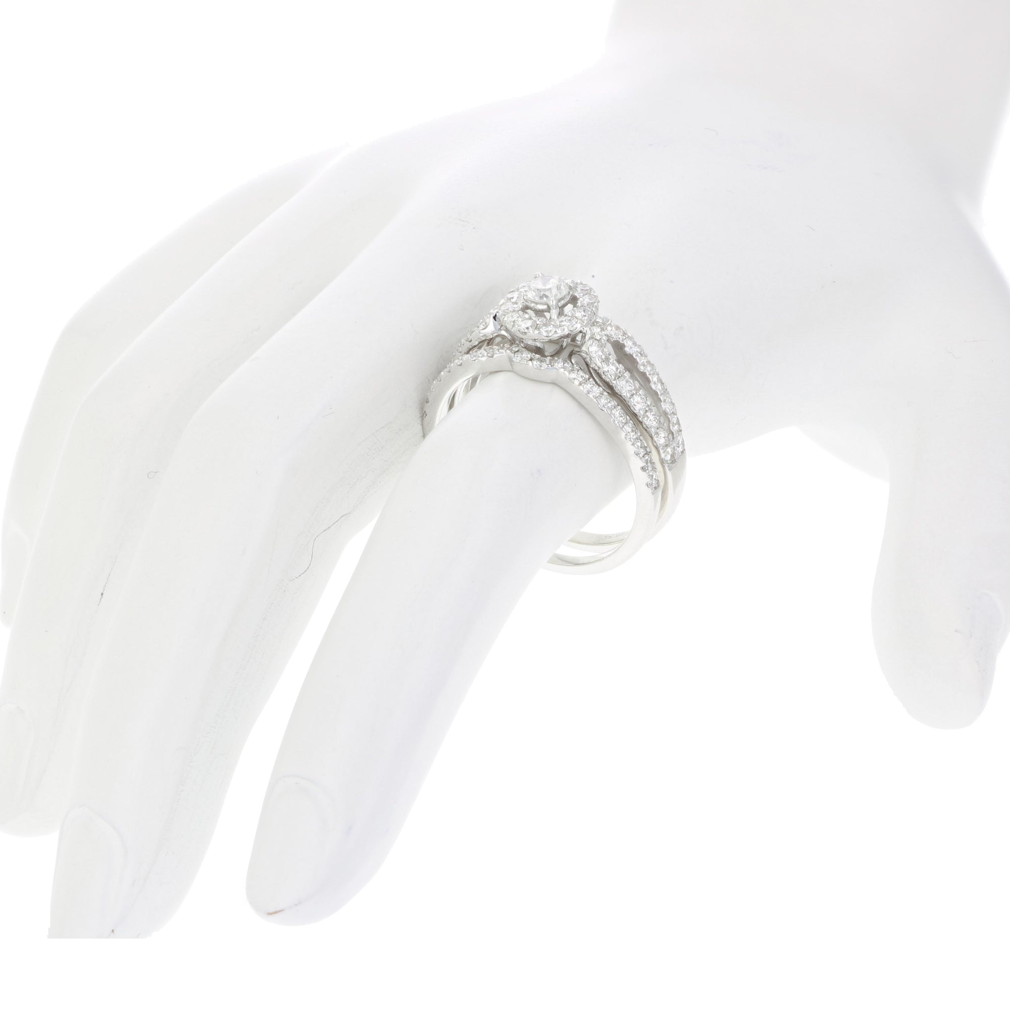7/8 cttw Diamond Wedding Engagement Ring Bridal Set 14K White Gold Halo