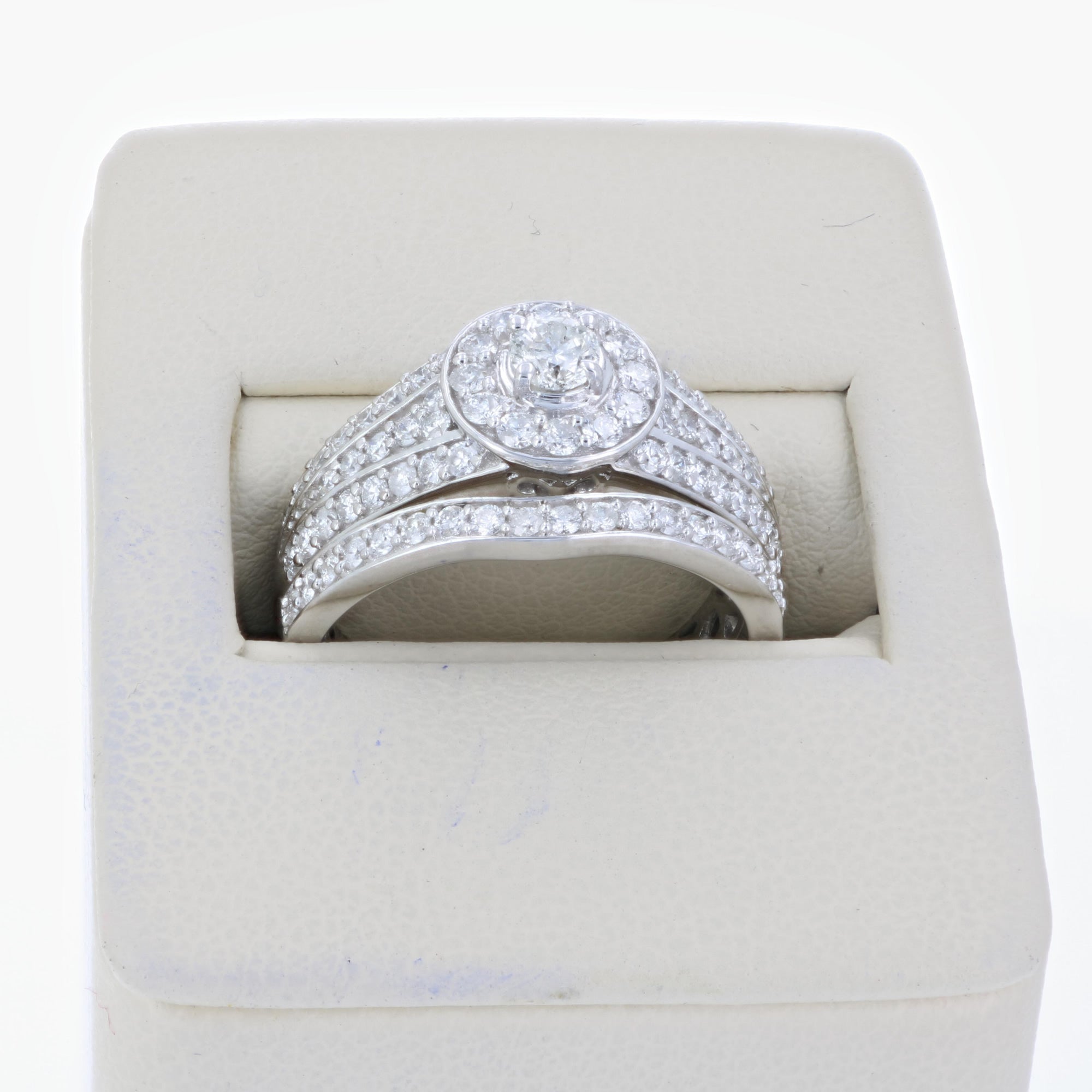 1 cttw Diamond Prong Set Wedding Engagement Ring Set 14K White Gold Multi Row Bridal