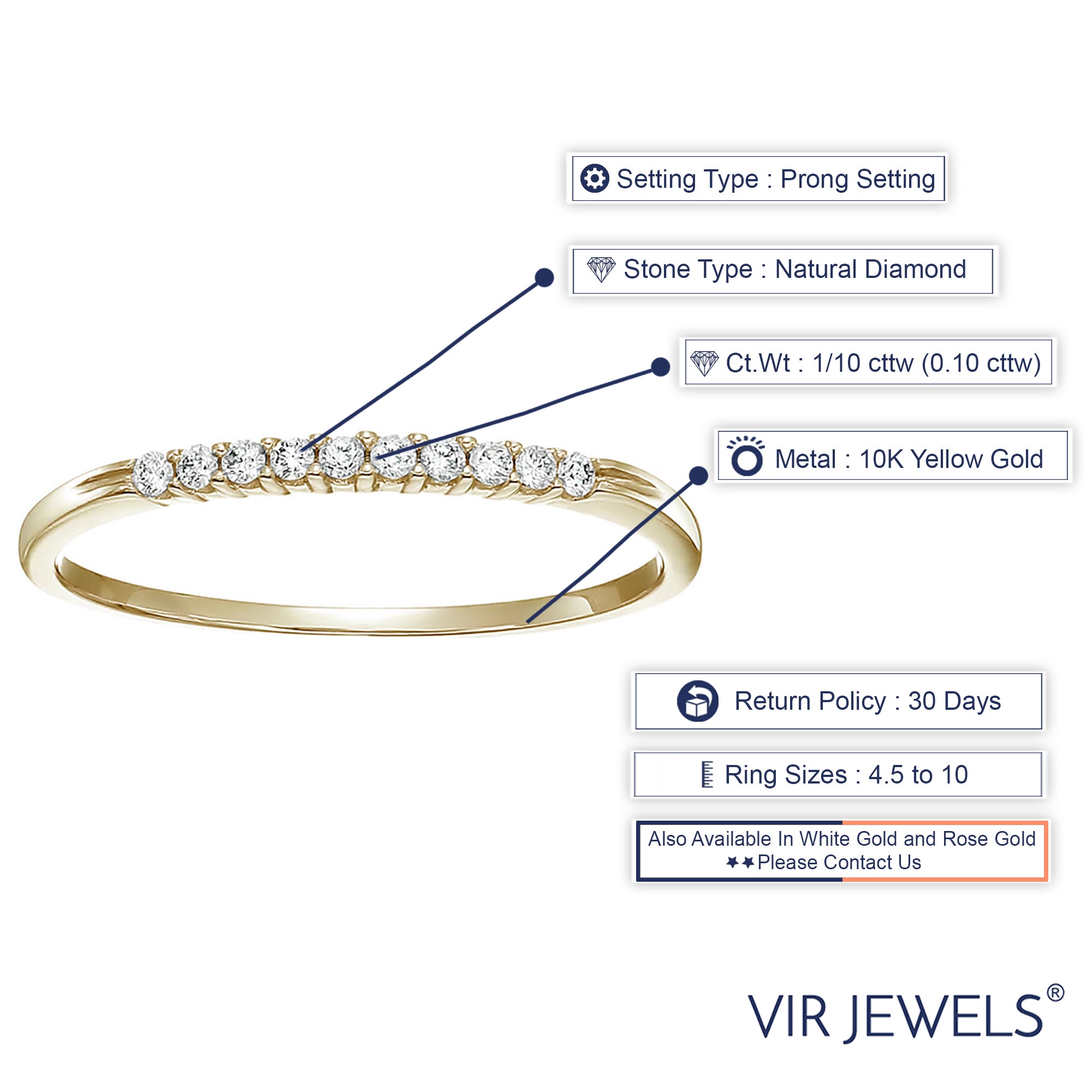 1/10 cttw Petite Diamond Wedding Band for Women in 10K Yellow Gold Prong Set, Size 4.5-10