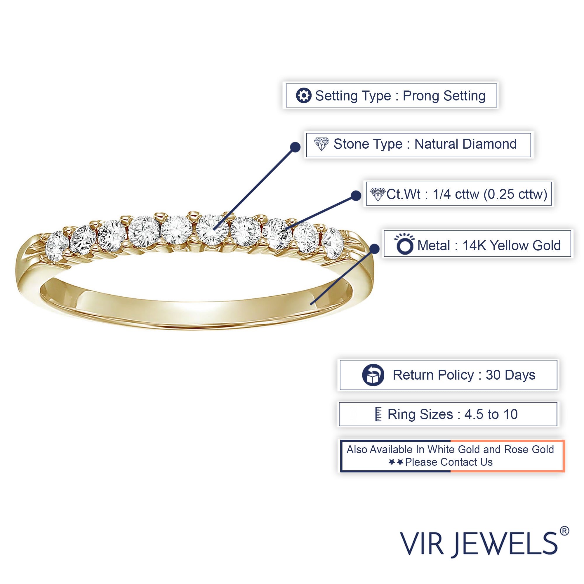 1/4 cttw Round Diamond Wedding Band for Women in 14K Yellow Gold, 10 Stones Prong Set, Size 4.5-10