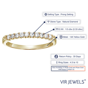 1/3 cttw Round Diamond Wedding Band for Women in 14K Yellow Gold, 10 Stones Prong Set, Size 4.5-10