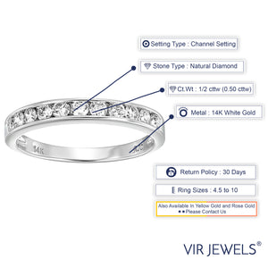 1/2 cttw Diamond Wedding Band for Women, SI2-I1 Certified 14K White Gold Classic Diamond Wedding Band Channel Set, Size 4.5-10