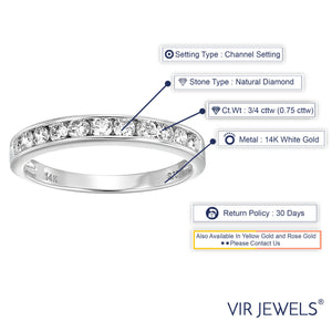 3/4 cttw Diamond Wedding Band for Women, Classic Diamond Wedding Band in 14K White Gold Channel Set, Size 4.5-10