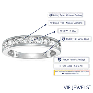 1 cttw Diamond Wedding Band for Women, SI2-I1 Certified 14K White Gold Classic Diamond Wedding Band Channel Set, Size 4.5-10