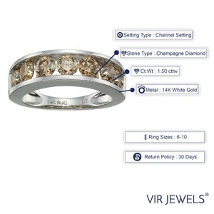 1.50 cttw Champagne Diamond Wedding Band for Women in 14K White Gold 7 Stones Channel Set I1-I2, Size 6-10