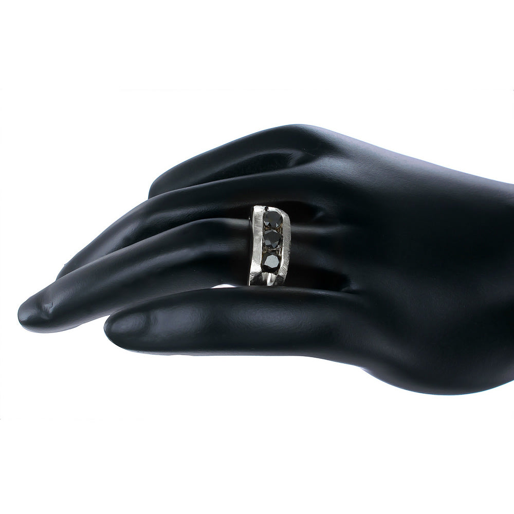 1.30 cttw 3 Stone Men's Black Diamond Ring .925 Sterling Silver Wedding Bridal