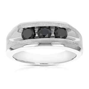 1.30 cttw 3 Stone Men's Black Diamond Ring .925 Sterling Silver Wedding Bridal