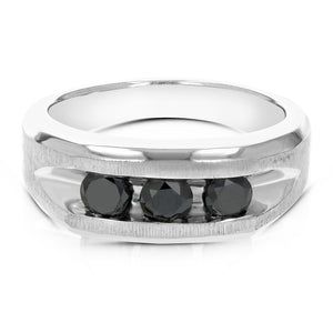 1.30 cttw 3 Stone Men's Black Diamond Ring .925 Sterling Silver Wedding Bridal