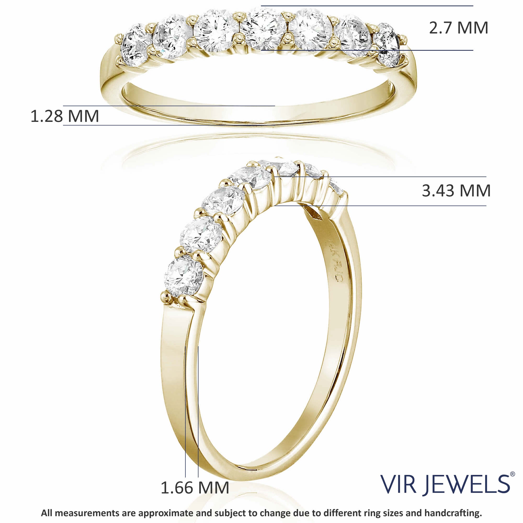 3/4 cttw Diamond Wedding Band for Women in 14K Yellow Gold 7 Stones Prong Set, Size 4.5-10
