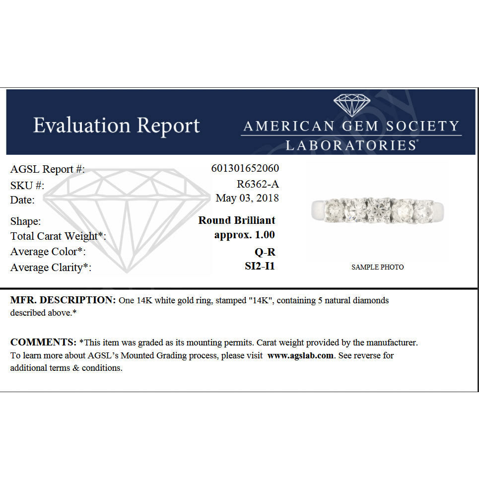 1 cttw Certified SI2-I1 5 Stone Diamond Ring Engagement 14K White Gold