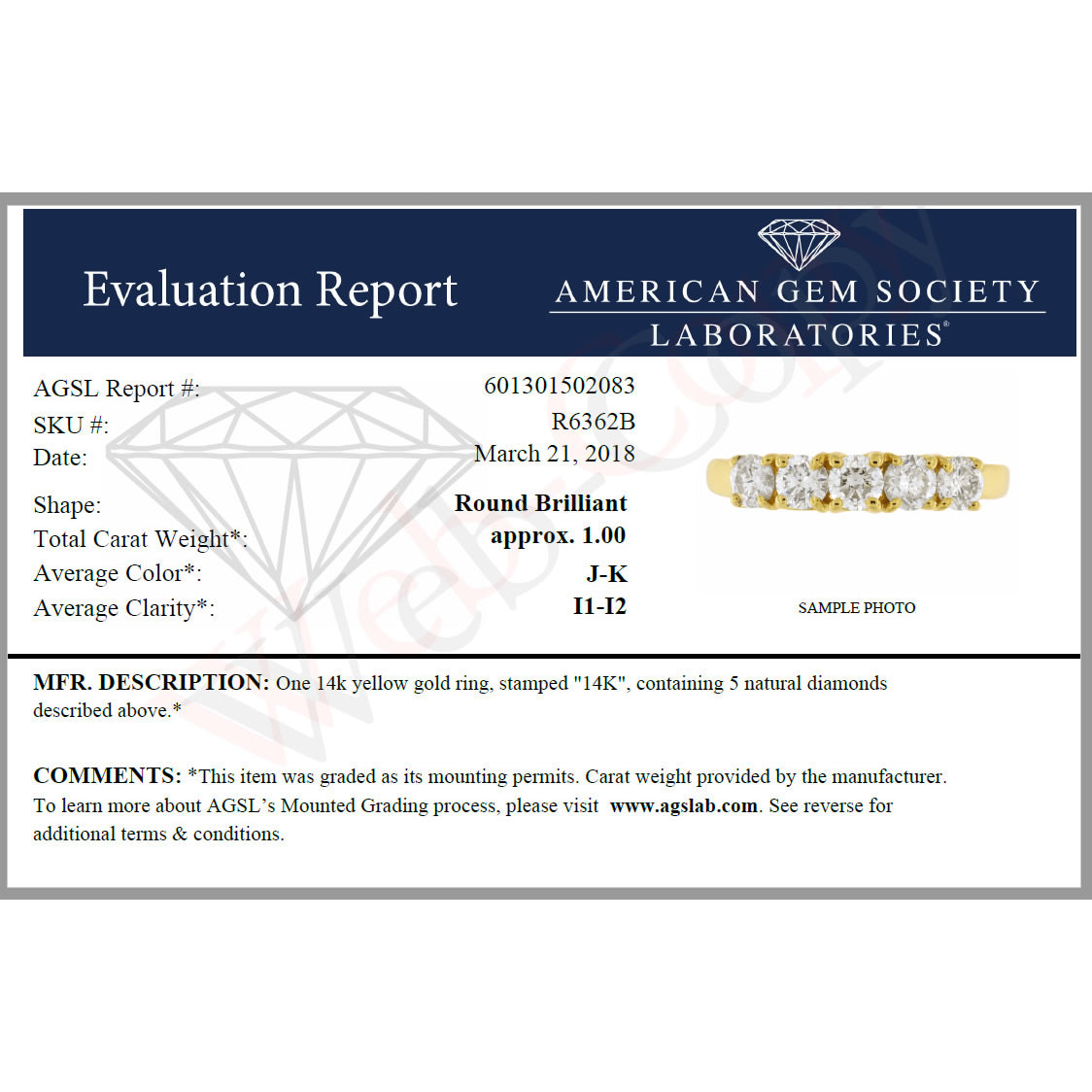 1 cttw Certified I1-I2 5-Stone Diamond Ring 14K Yellow Gold Engagement