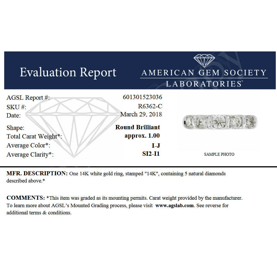 1 cttw Certified SI2-I1 5 Stone Diamond Ring 14K White Gold Channel