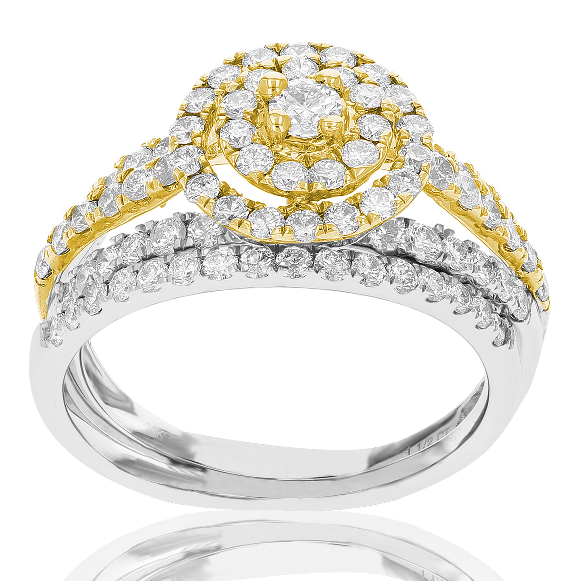 1.25 cttw Diamond Wedding Engagement Ring Set 14K White Yellow Gold Halo