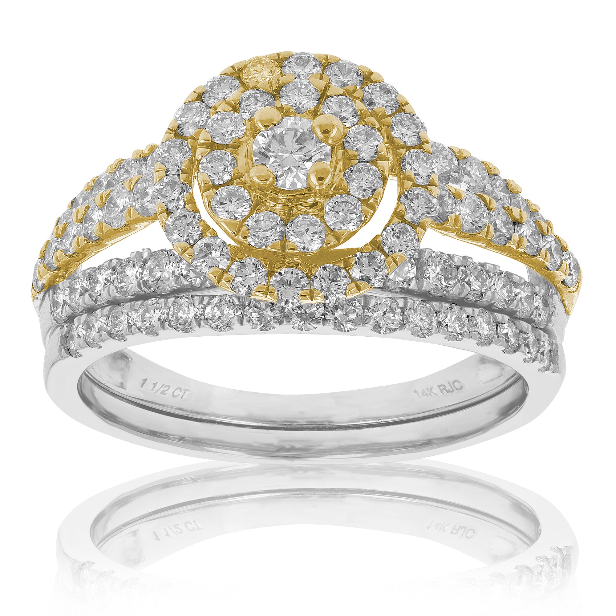 1.25 cttw Diamond Wedding Engagement Ring Set 14K White Yellow Gold Halo