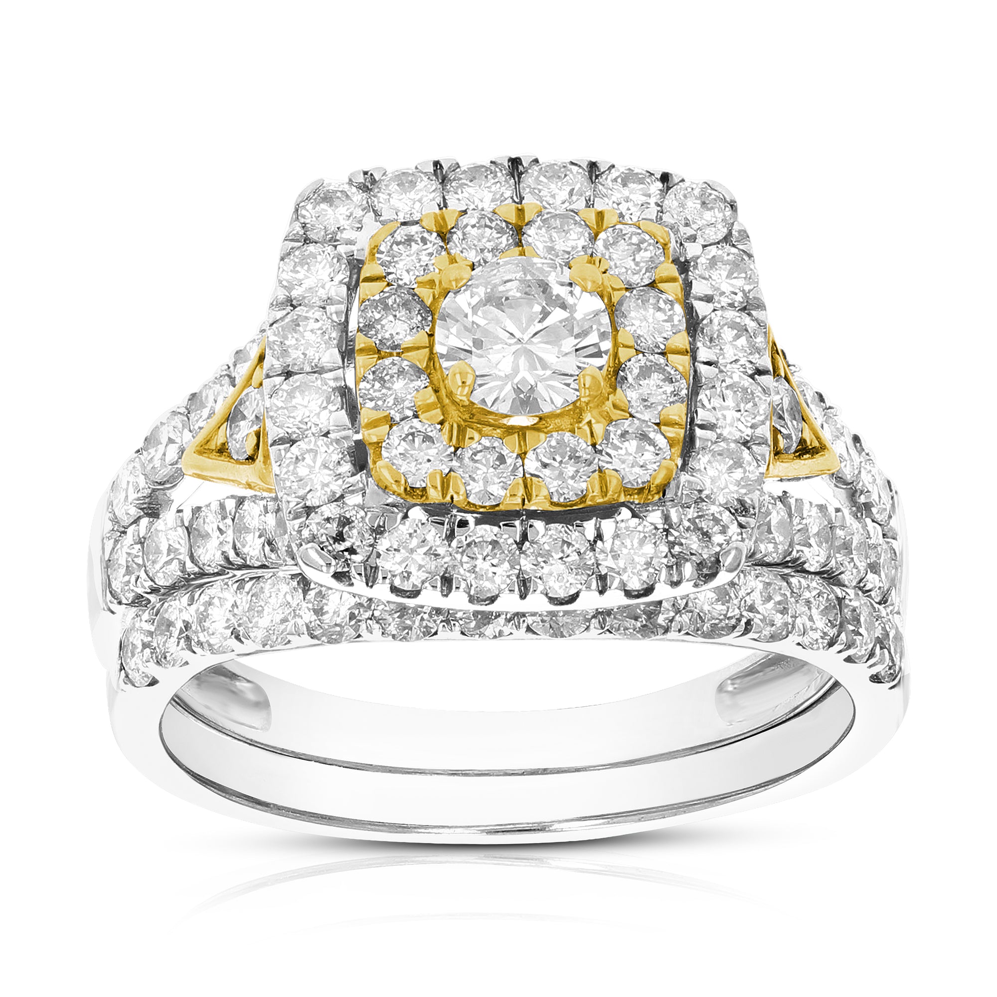 2 cttw Diamond Wedding Engagement Ring Set 14K Two Tone Gold Bridal Set Cushion