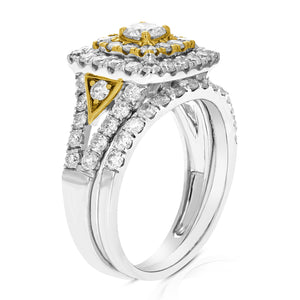 2 cttw Diamond Wedding Engagement Ring Set 14K Two Tone Gold Bridal Set Cushion
