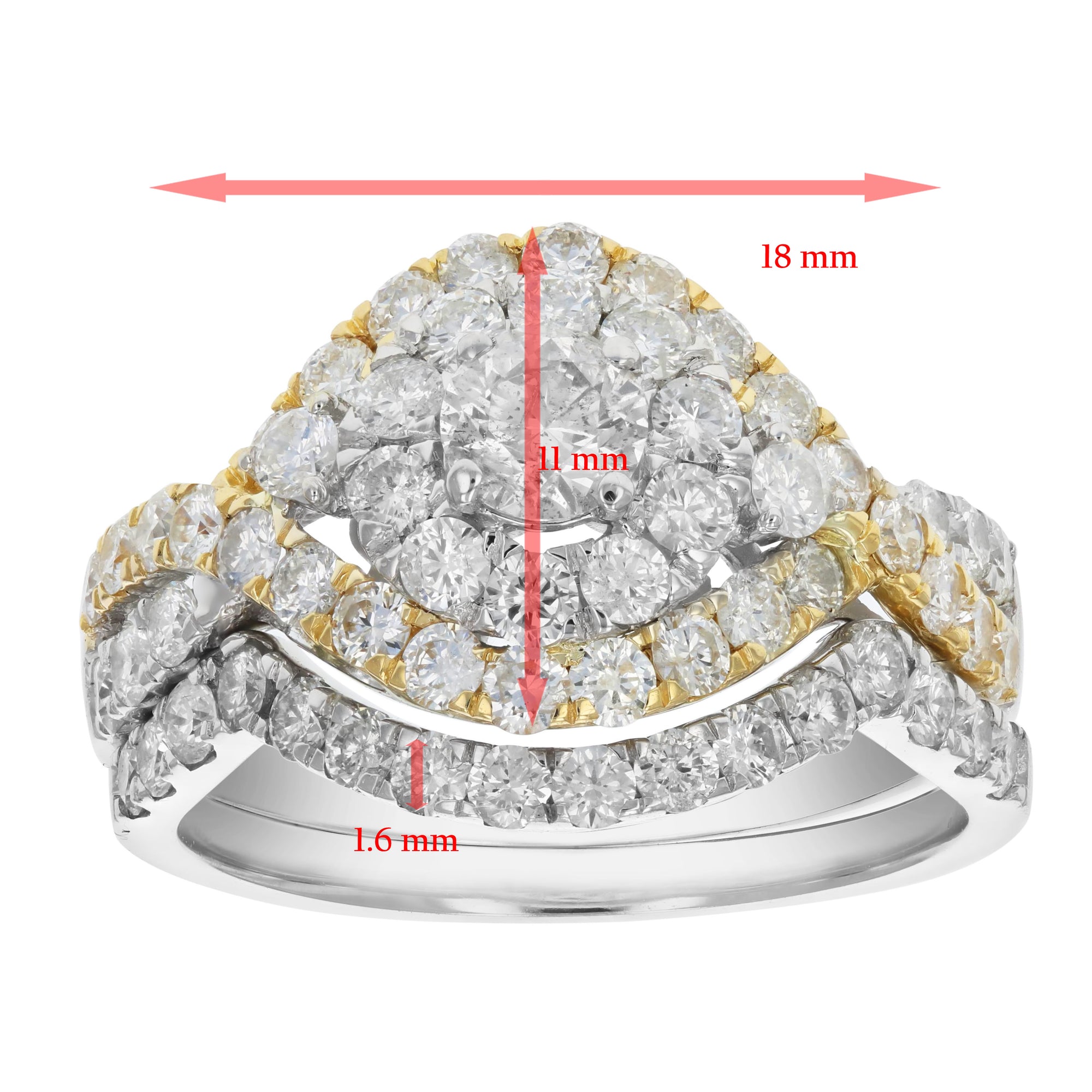 2 cttw Diamond Wedding Engagement Ring Set 14K Two Tone Gold Multi Row Bridal