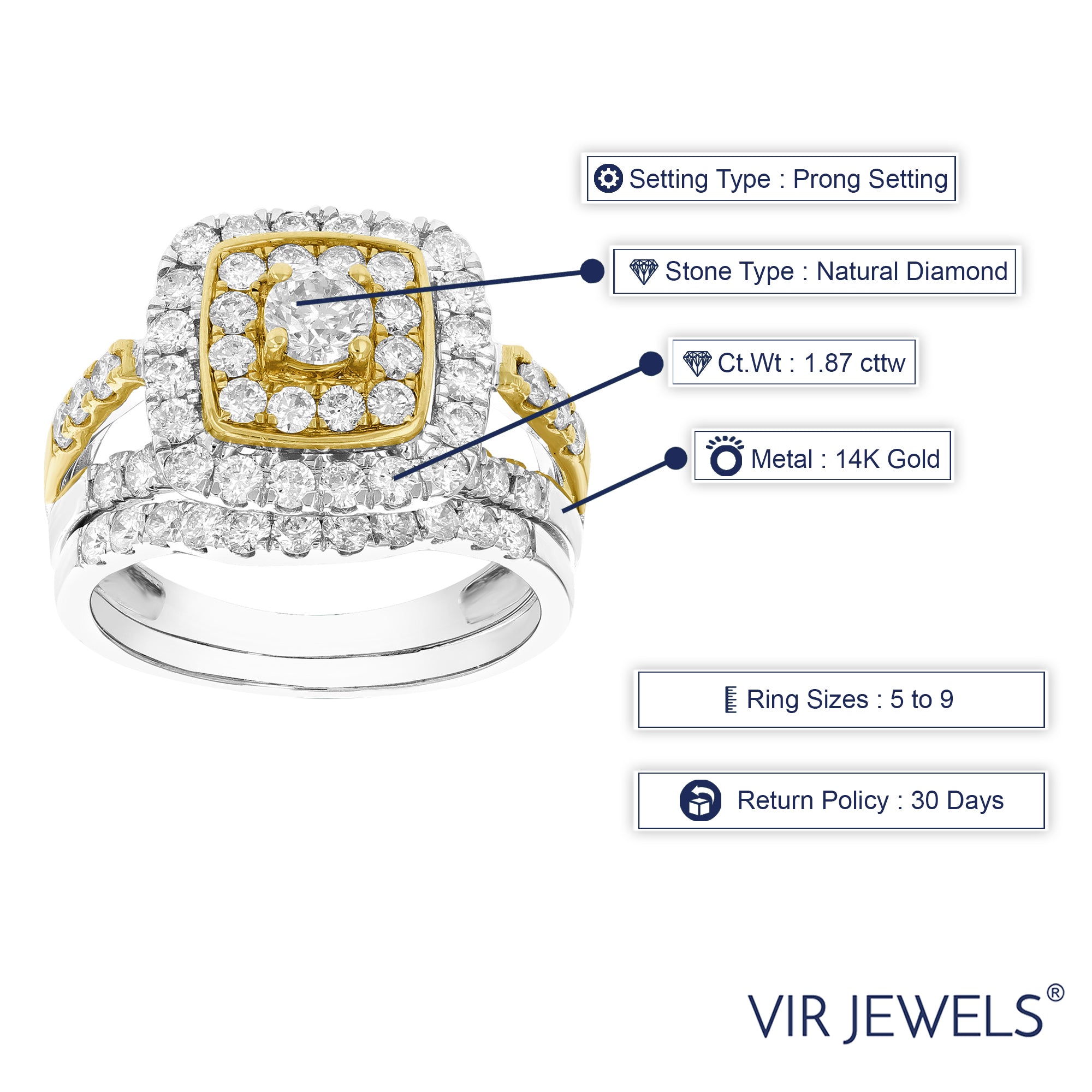 1.87 cttw Diamond Wedding Engagement Ring Bridal Set 14K Two Tone Gold