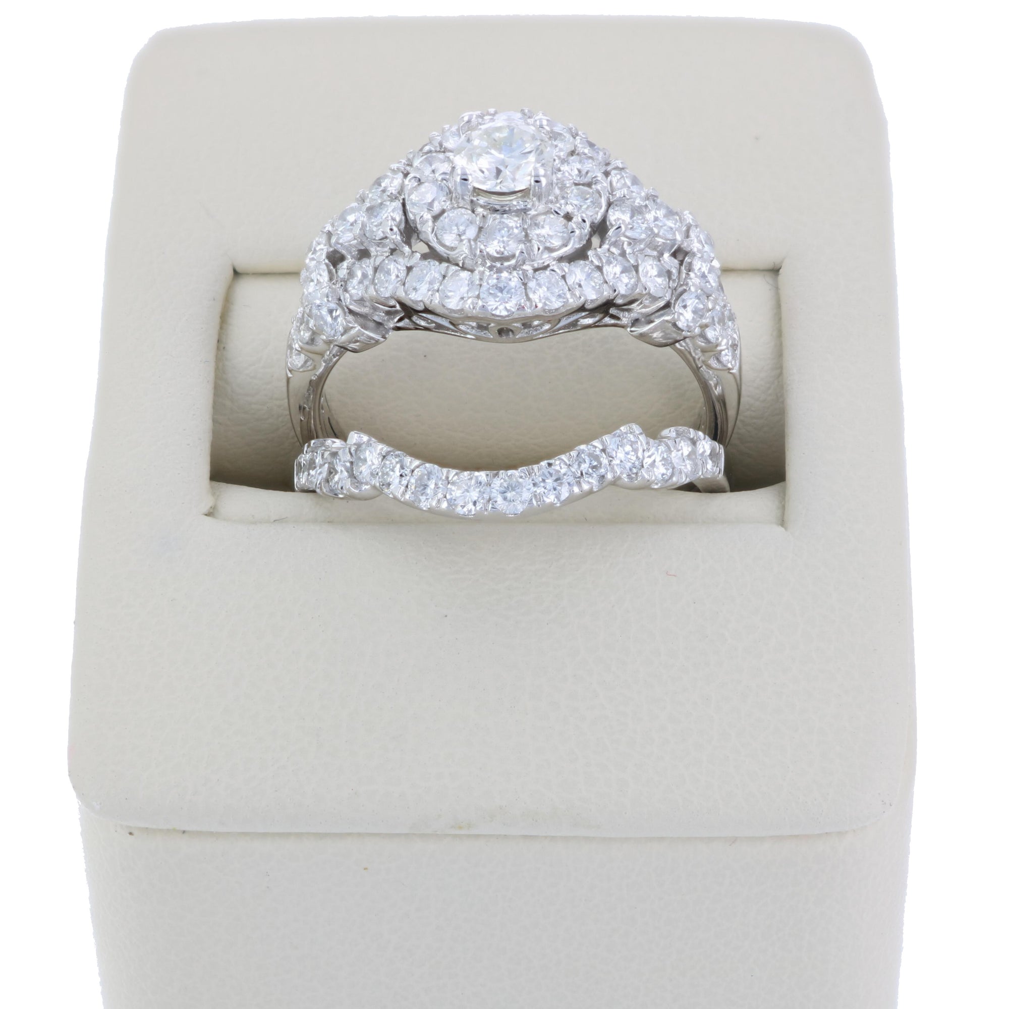 2 cttw Diamond Wedding Engagement Ring Set 14K White Gold Cluster Bridal Design
