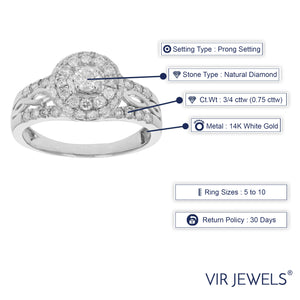 3/4 cttw Diamond Engagement Ring 14K White Gold Cluster Composite Wedding Ring