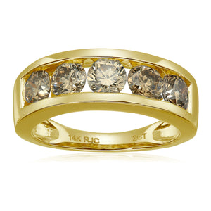 2 cttw Champagne Diamond Wedding Band for Women in 14K Yellow Gold 5 Stones Channel Set I1-I2, Size 4.5-11.5