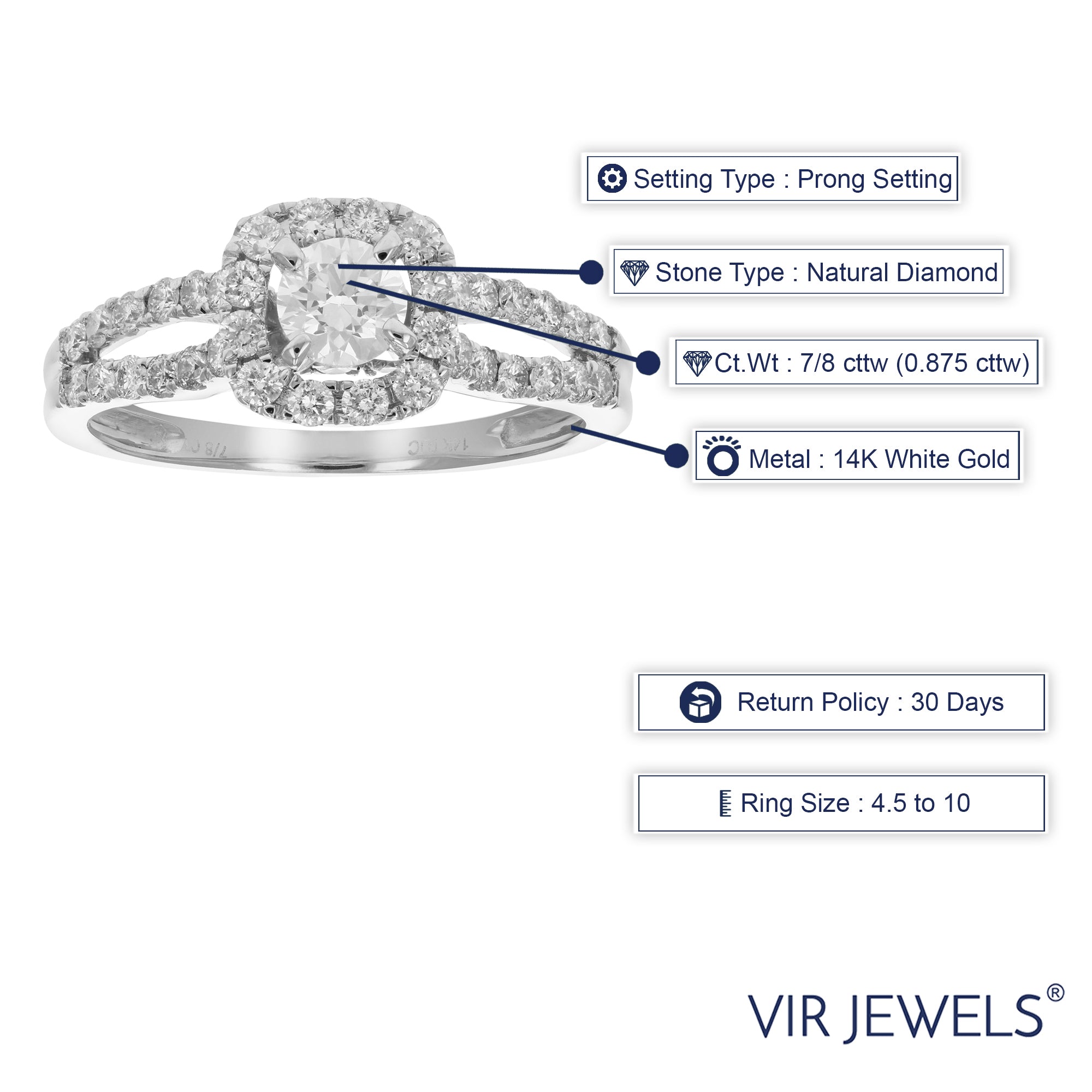 7/8 cttw Diamond Wedding Engagement Ring 14K White Gold Halo Bridal Style