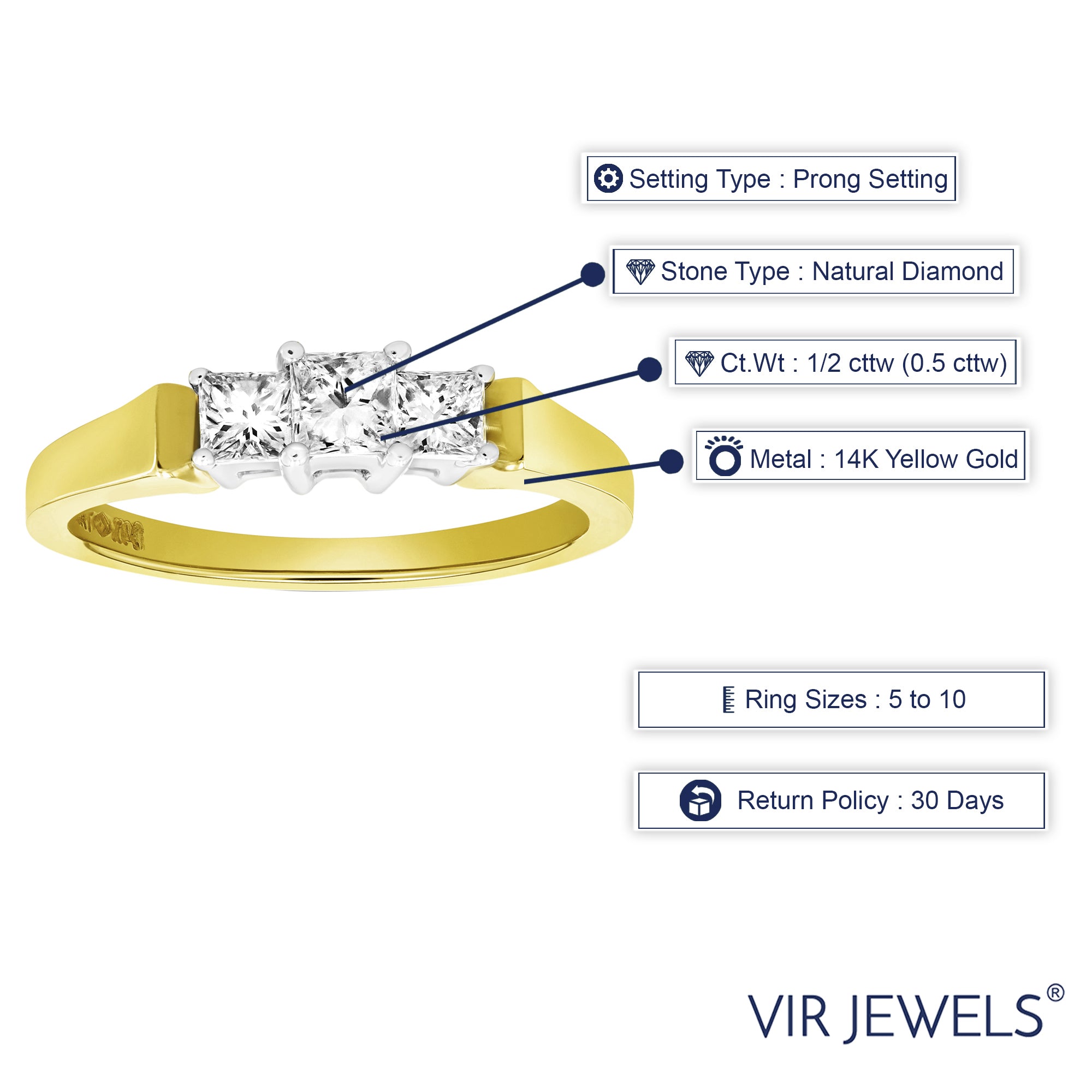 1/2 cttw Diamond 3 Stone Ring 14K Yellow Gold Size 7