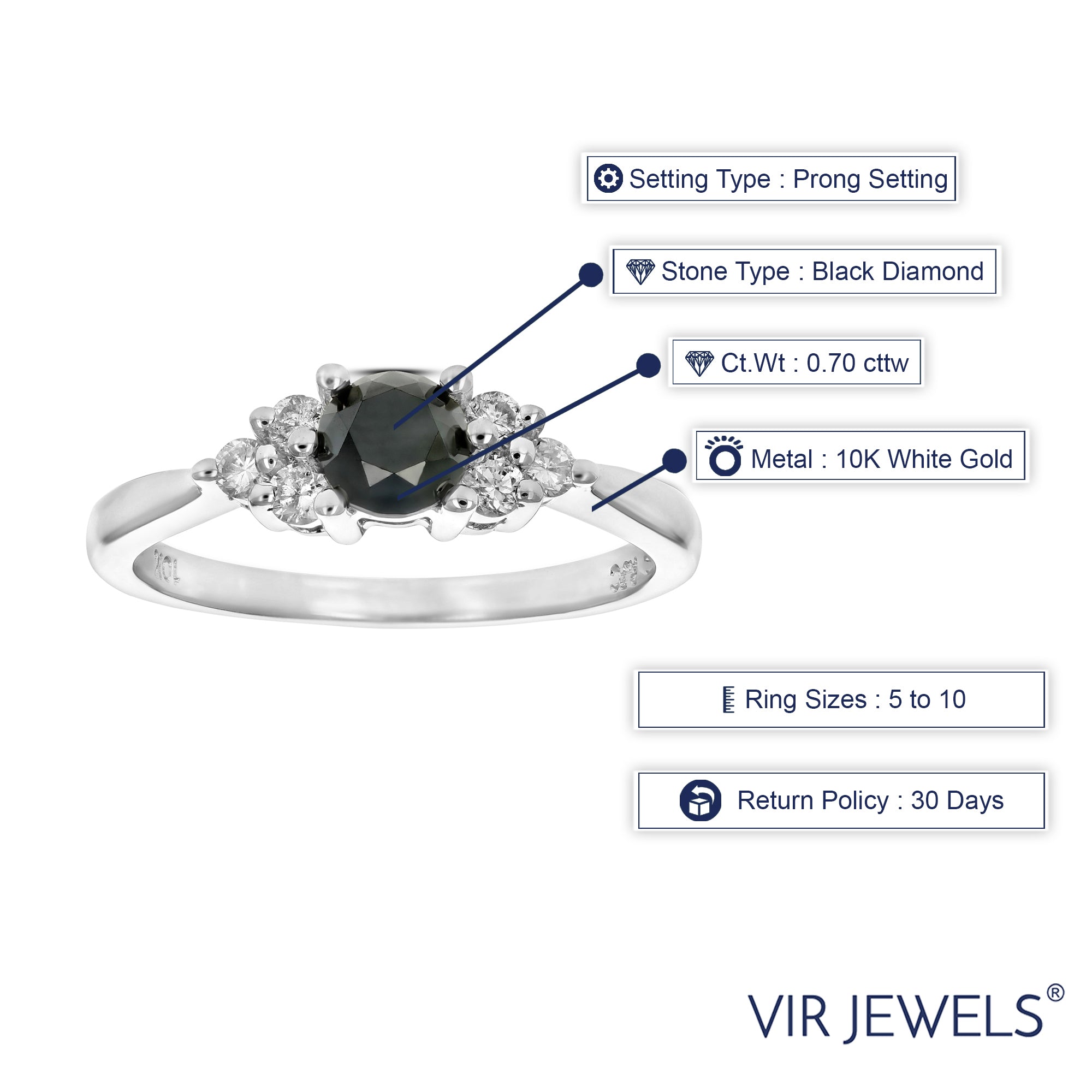 0.70 cttw Black and White Diamond 3 Stone Ring 10K White Gold Bridal Size 7