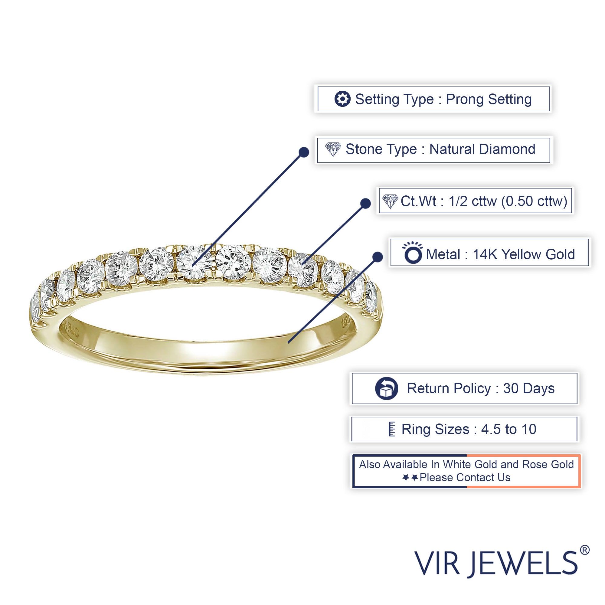 1/2 cttw Round Diamond Wedding Band for Women in 14K Yellow Gold 13 Stones Prong Set, Size 4-10