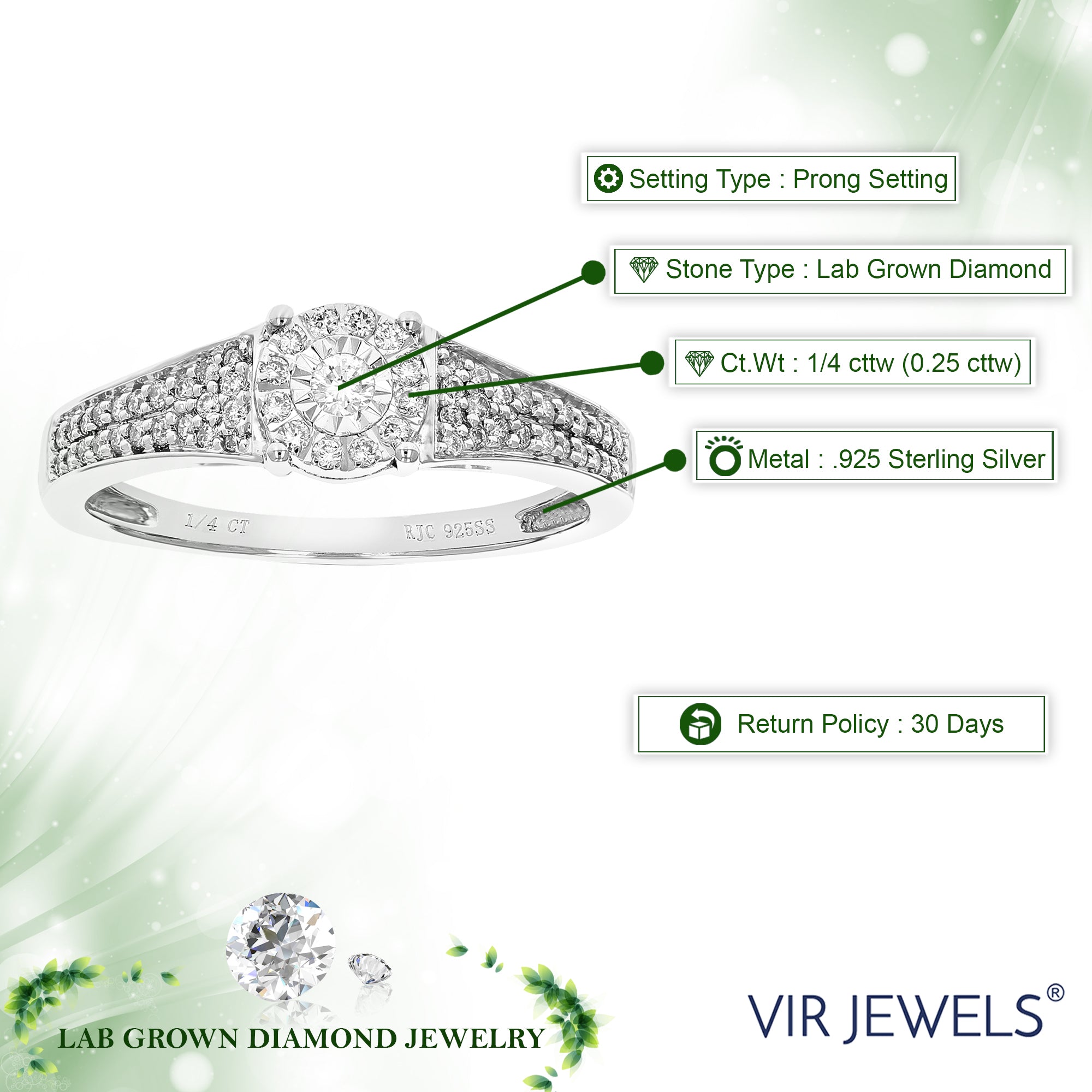 1/4 cttw Diamond Engagement Ring for Women, Round Lab Grown Diamond Ring in 0.925 Sterling Silver, Prong Setting, Size 6-8