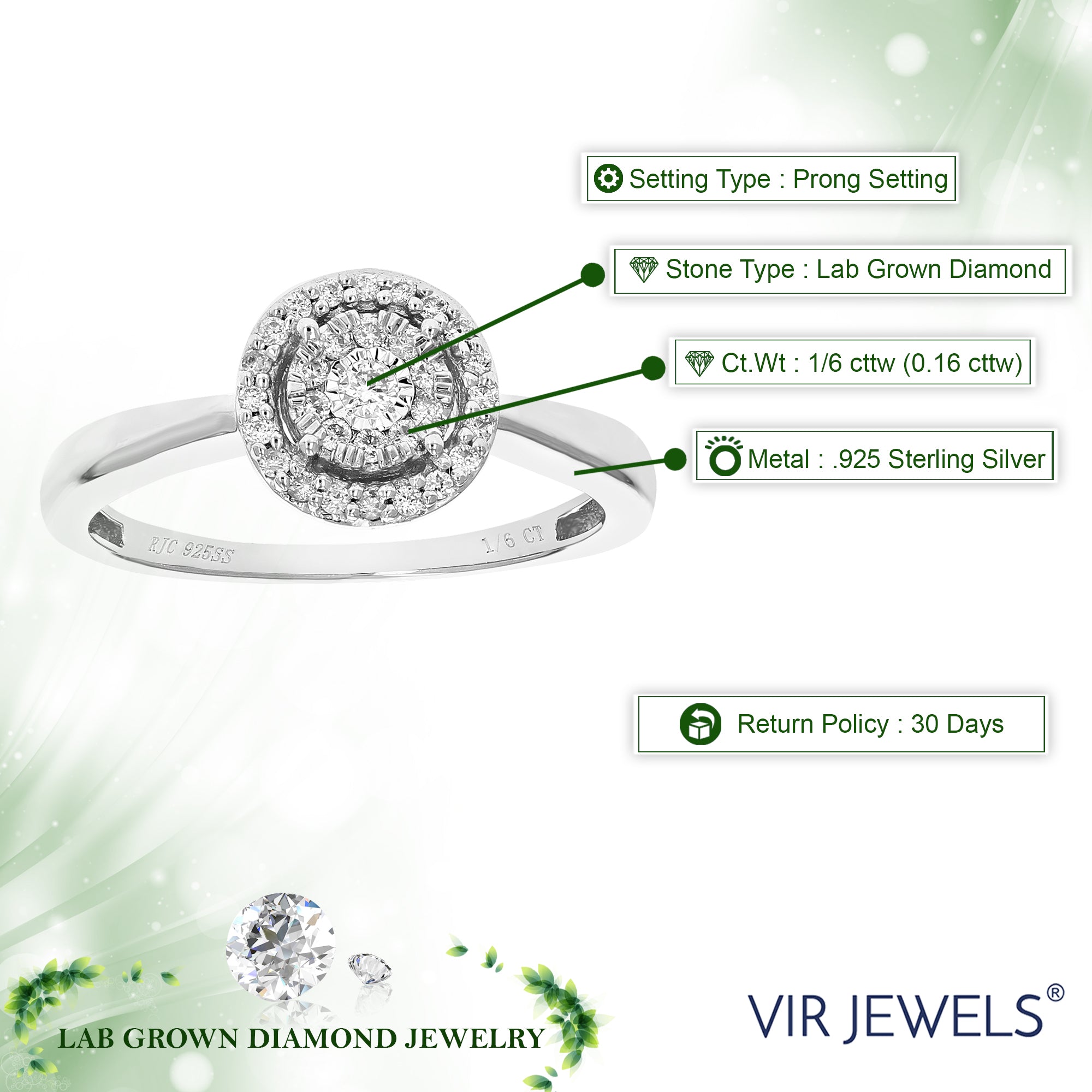 1/6 cttw Diamond Engagement Ring for Women, Round Lab Grown Diamond Ring in 0.925 Sterling Silver, Prong Setting, Size 6-8