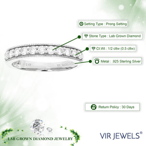 1/2 cttw Diamond Wedding Band for Women, Round Lab Grown Diamond Wedding Band in .925 Sterling Silver, Prong Setting, Size 6-8