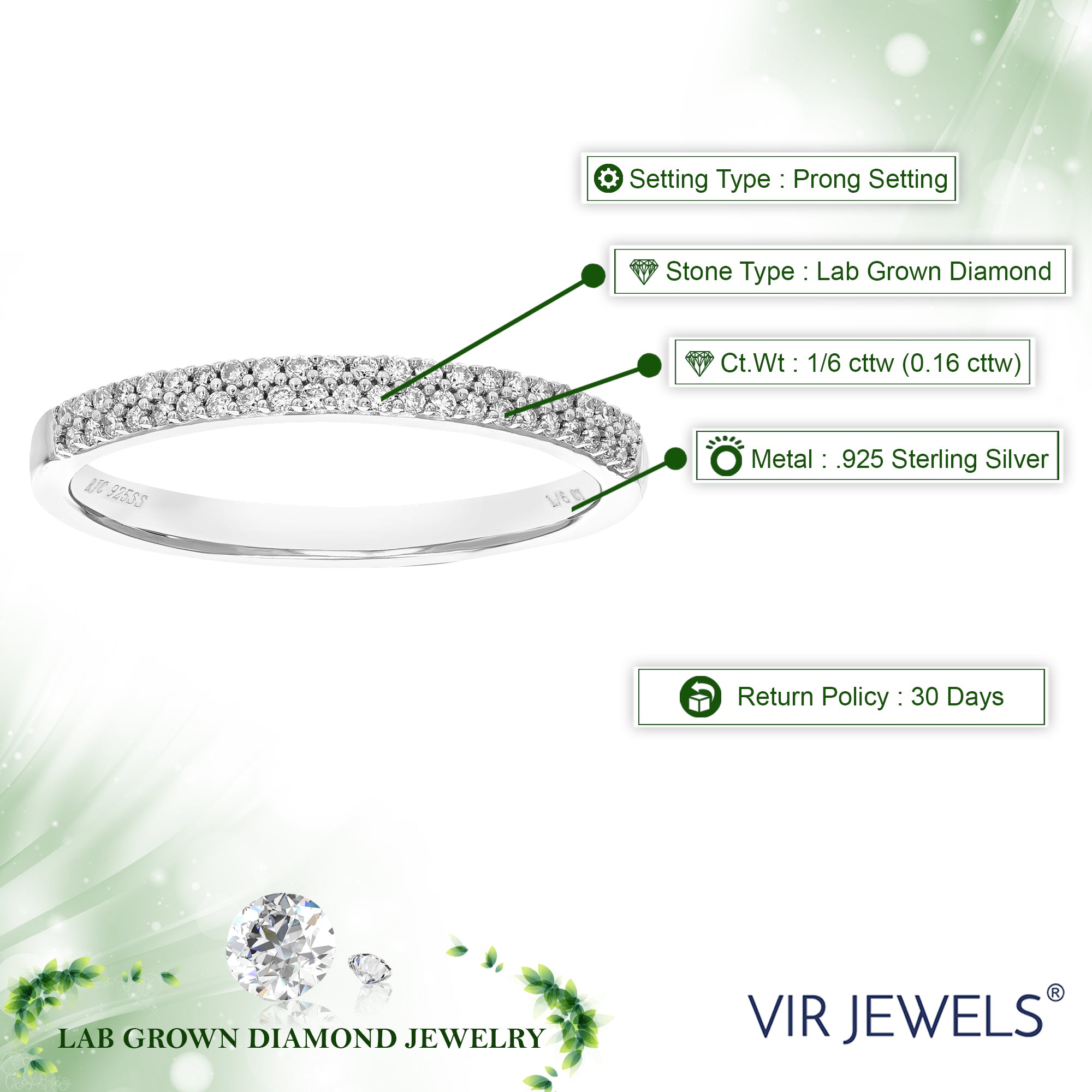 1/6 cttw Diamond Wedding Band for Women, Round Lab Grown Diamond Wedding Band in .925 Sterling Silver, Prong Setting, Size 6-8