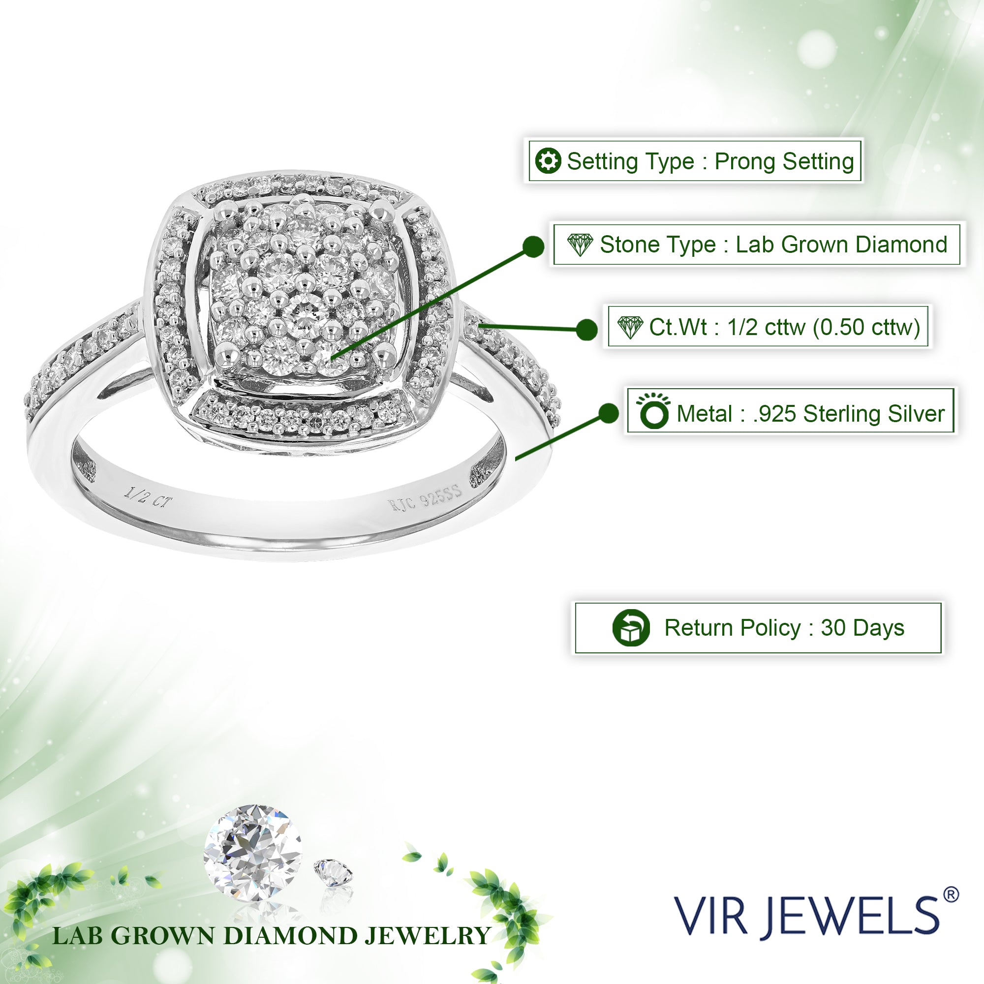 1/2 cttw Diamond Engagement Ring for Women, Round Lab Grown Diamond Ring in 0.925 Sterling Silver, Prong Setting, Size 6-8