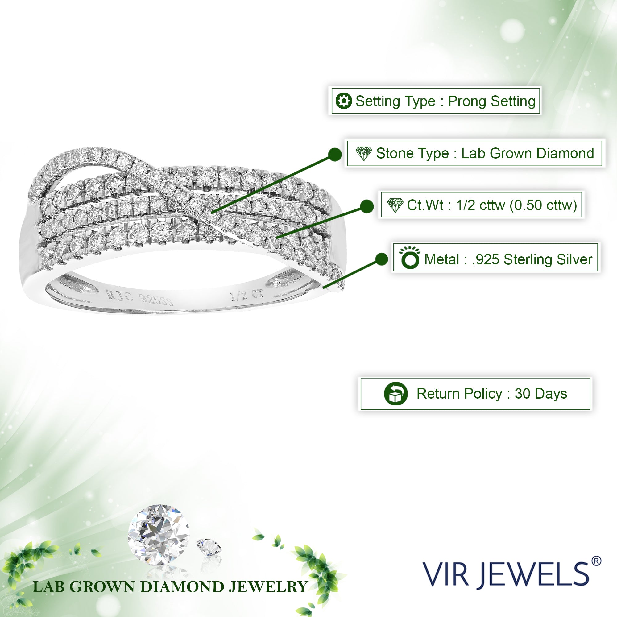 1/2 cttw Diamond Engagement Ring for Women, Round Lab Grown Diamond Ring in 0.925 Sterling Silver, Prong Setting, Size 6-8