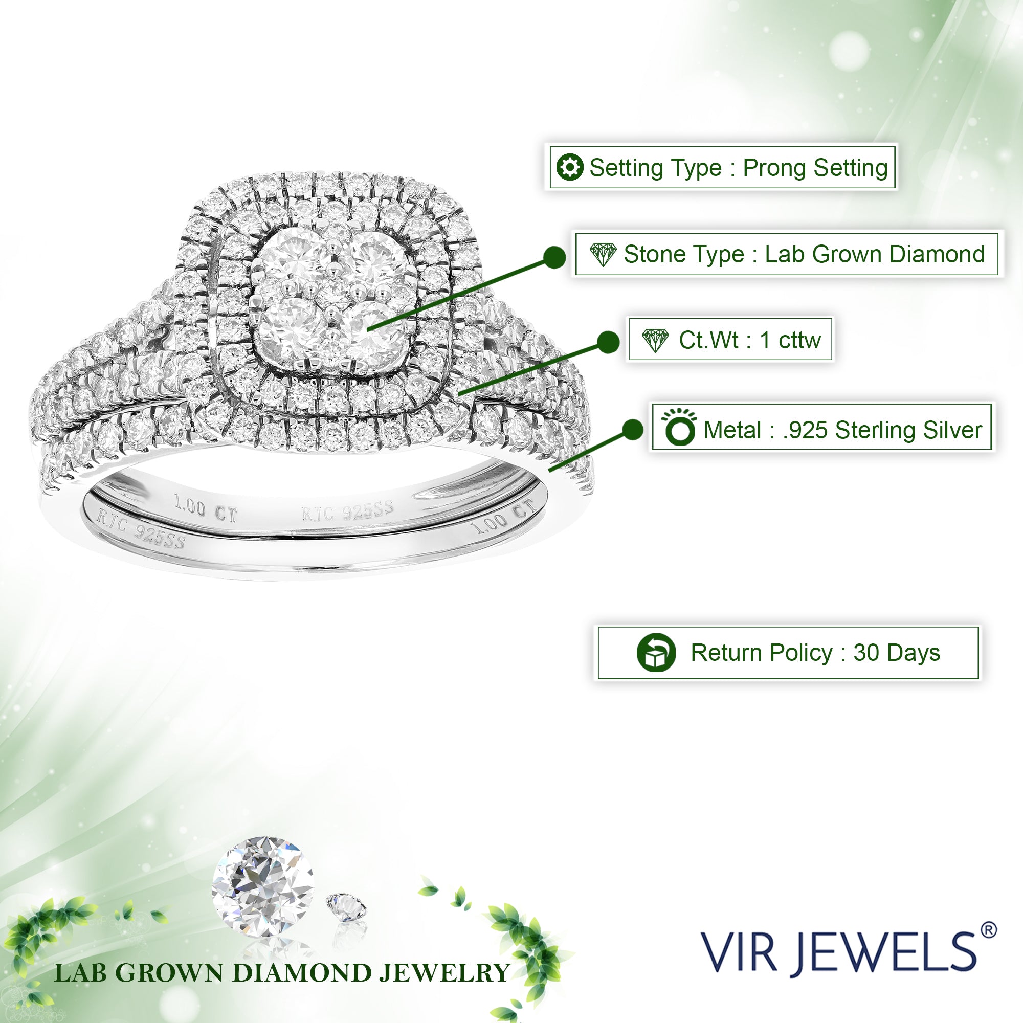 1 cttw Wedding Engagement Ring Bridal Set, Round Lab Grown Diamond Ring for Women in .925 Sterling Silver, Prong Setting, Size 6-8
