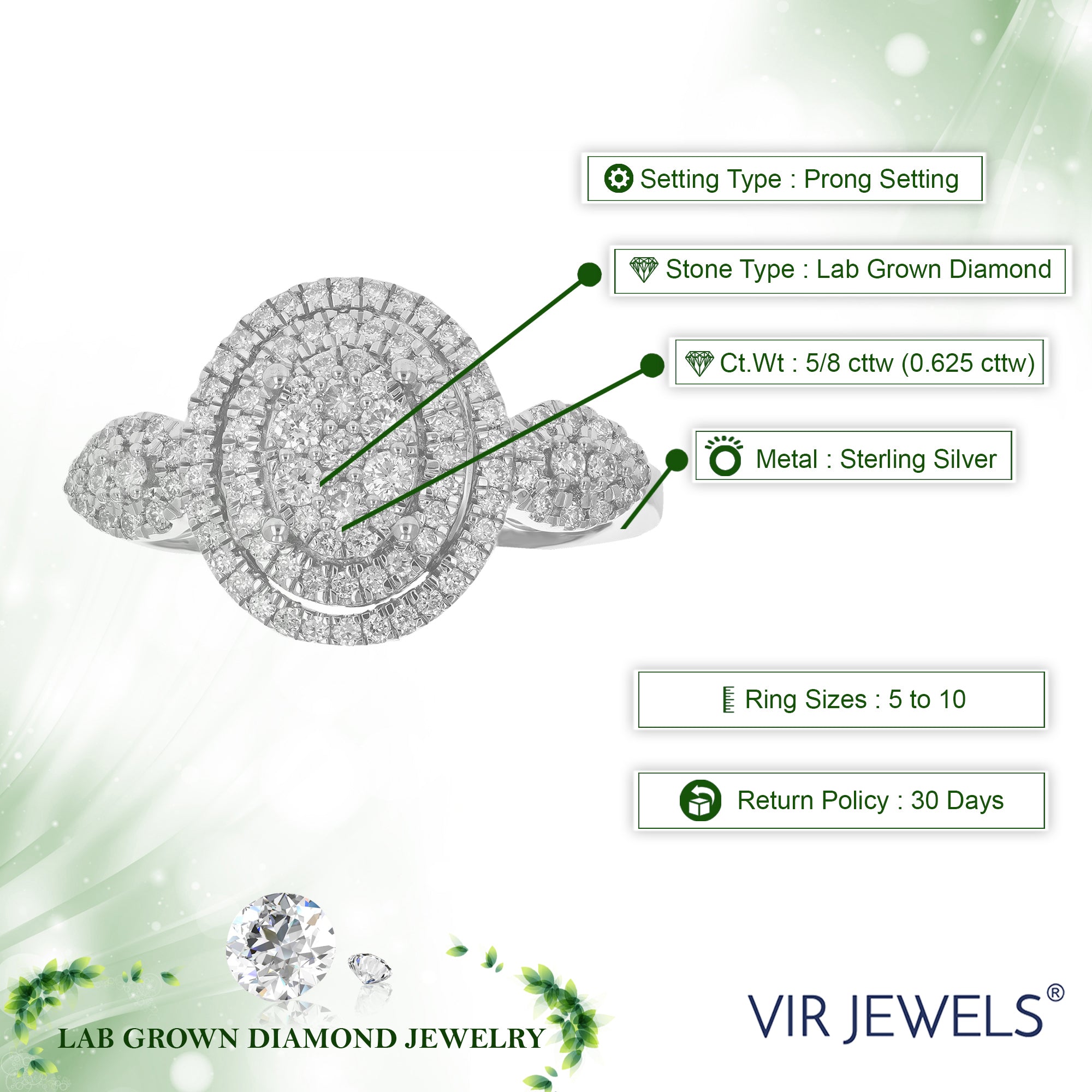 5/8 cttw Diamond Engagement Ring for Women, Round Lab Grown Diamond Ring in 0.925 Sterling Silver, Prong Setting, Size 6-8