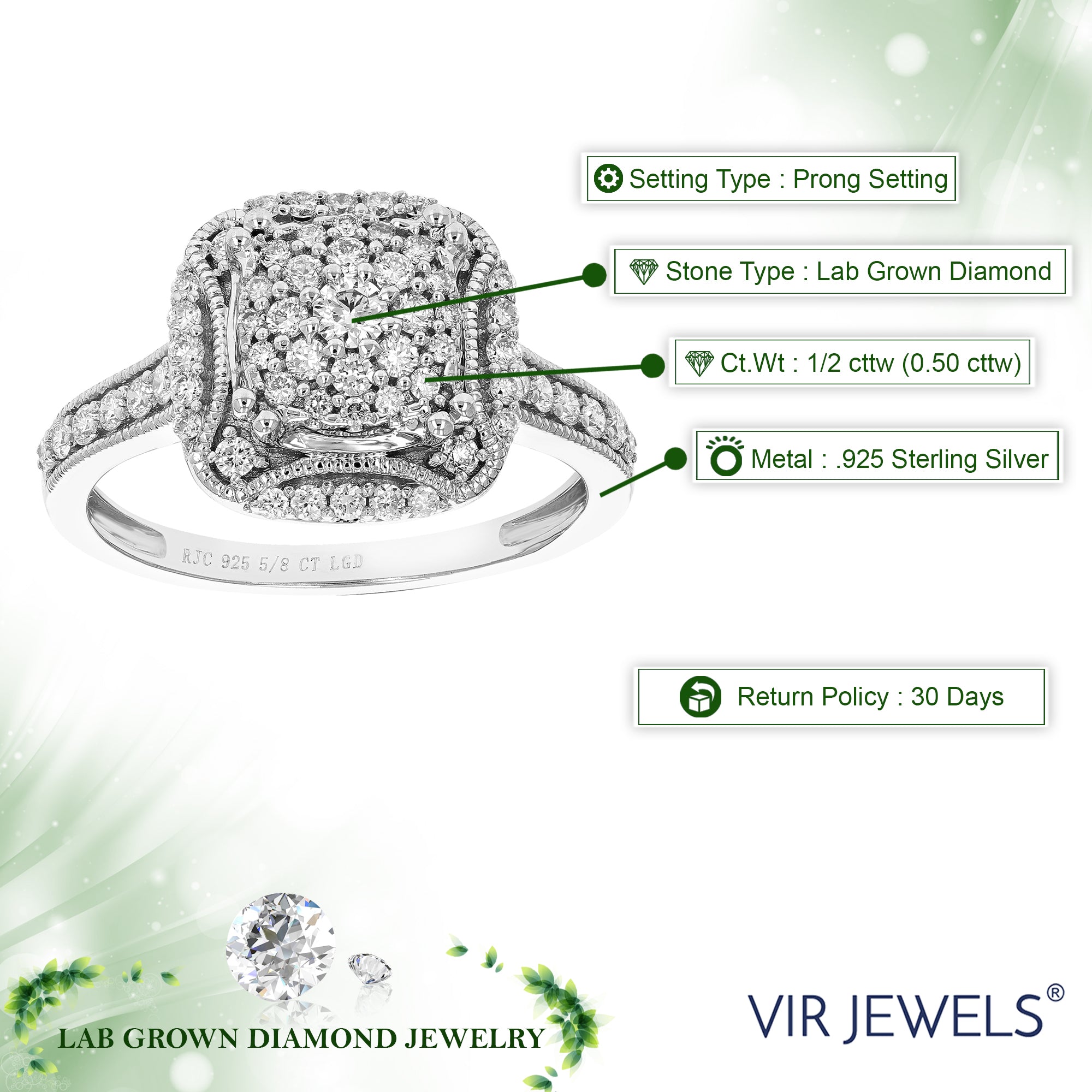 1/2 cttw Diamond Engagement Ring for Women, Round Lab Grown Diamond Ring in 0.925 Sterling Silver, Prong Setting, Size 6-8