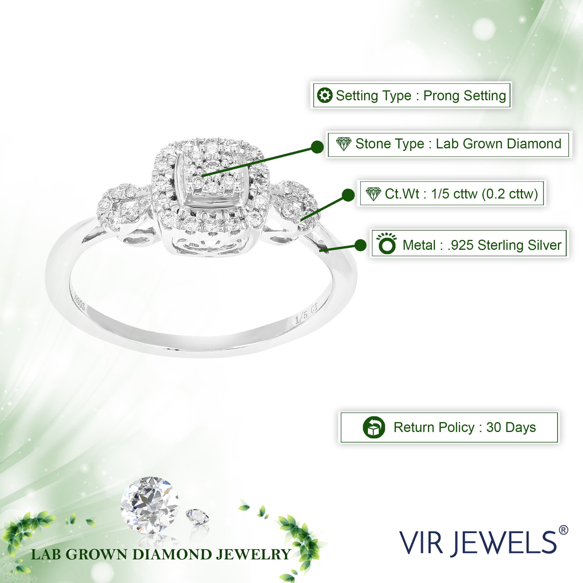 1/5 cttw Diamond Engagement Ring for Women, Round Lab Grown Diamond Ring in 0.925 Sterling Silver, Prong Setting, Size 6-8