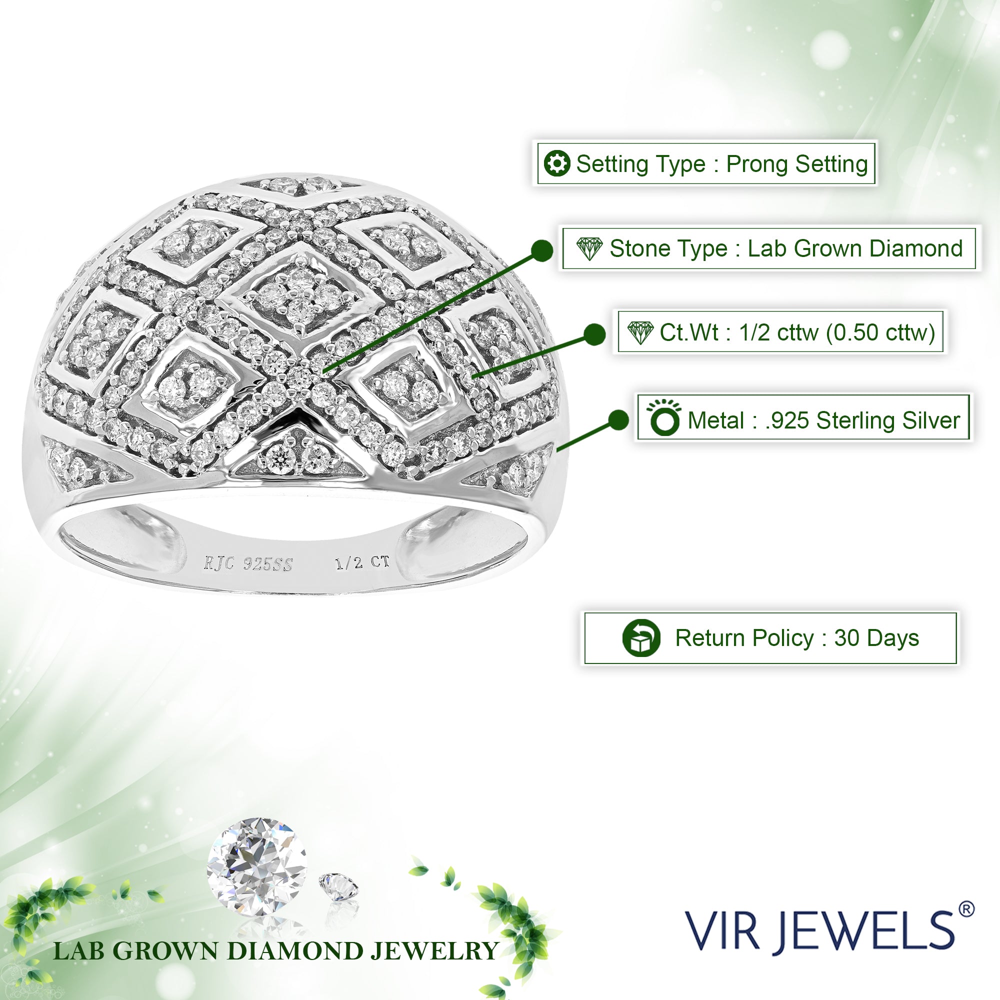 1/2 cttw Diamond Engagement Ring for Women, Round Lab Grown Diamond Ring in 0.925 Sterling Silver, Prong Setting, Size 6-8